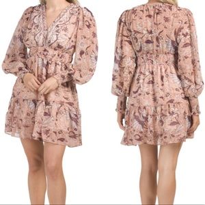 O.P.T NWT FLORAL DEGAGE PEACH ROSE GOLD METALLIC BOHO PEASANT DRESS SMALL ANTHRO